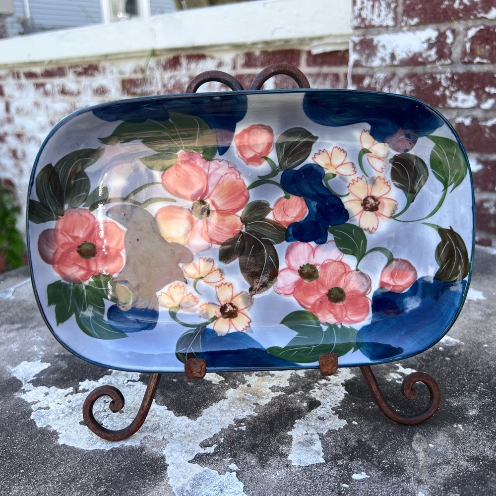 ANDREA by SADEK Vanity Tray Floral Pink Blue Yellow Beautiful VTG 9.5x6 inches